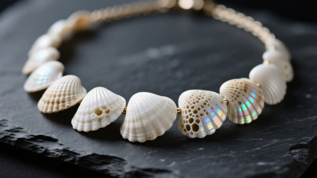 Macro shot of a genuine poka shell necklace on dark slate, highlighting natural porous texture and off-white calcium carbonate surface.