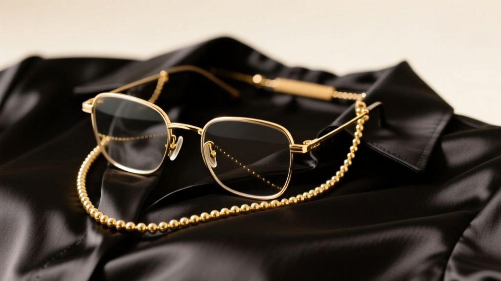 Reading glasses secured by a beaded gold necklace eyeglass holder on a dark silk blouse, captured in warm studio light