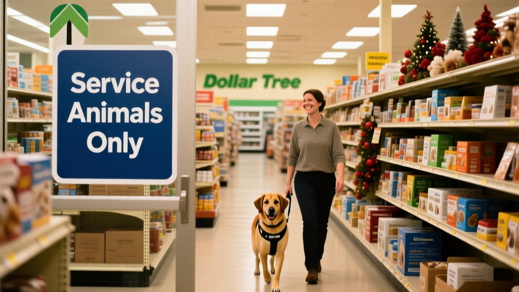 A well-stocked Dollar Tree aisle with signage indicating 'Service Animals Only'