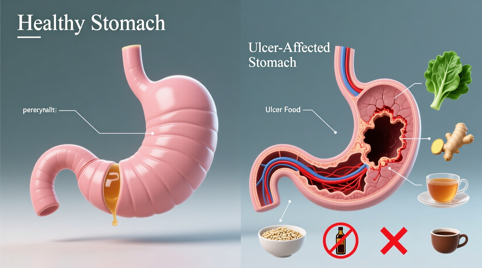 Healthy stomach versus ulcer-affected stomach with dietary recommendations