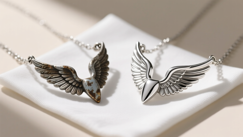 Side-by-side comparison of a tarnished sterling silver angel wing necklace and a freshly polished version on a microfiber cloth.