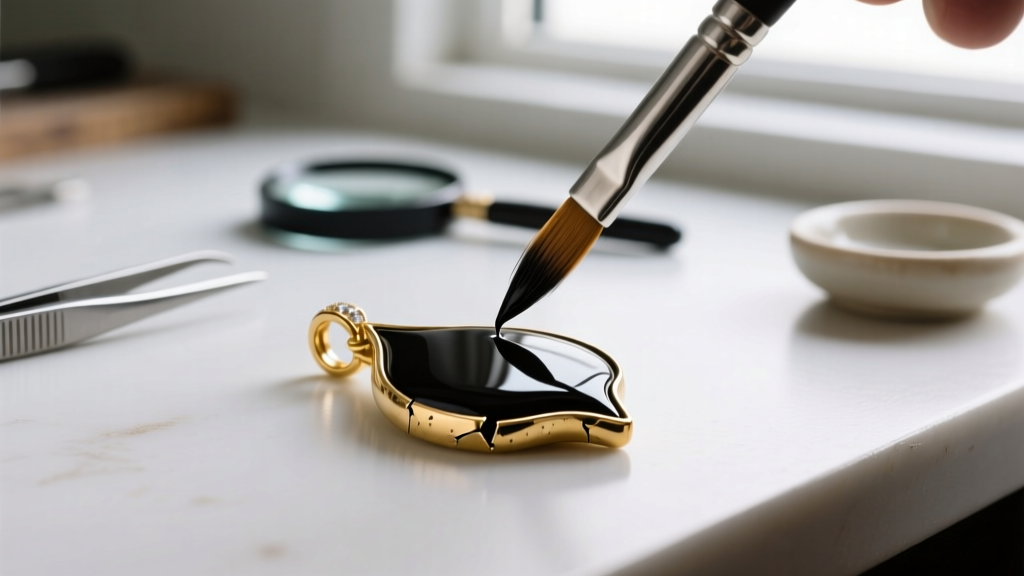 Macro photography of a jeweler workbench showing a tiny brush applying black jewelry epoxy to a chipped gold spade pendant motif