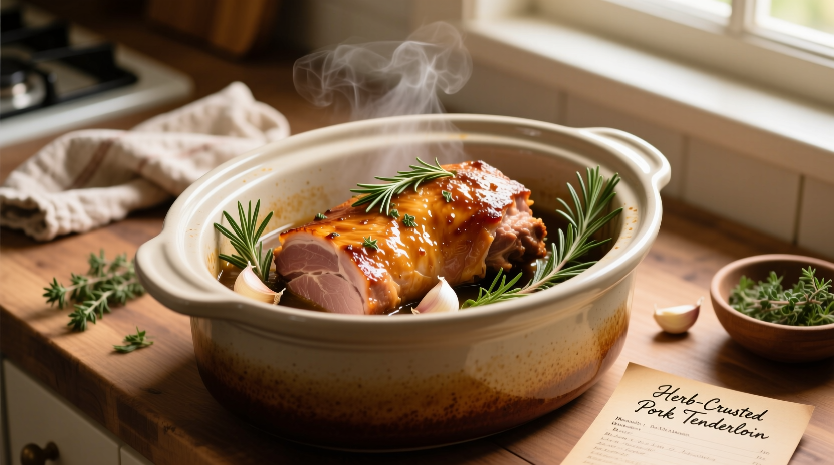 Pork tenderloin cooking in slow cooker with herbs