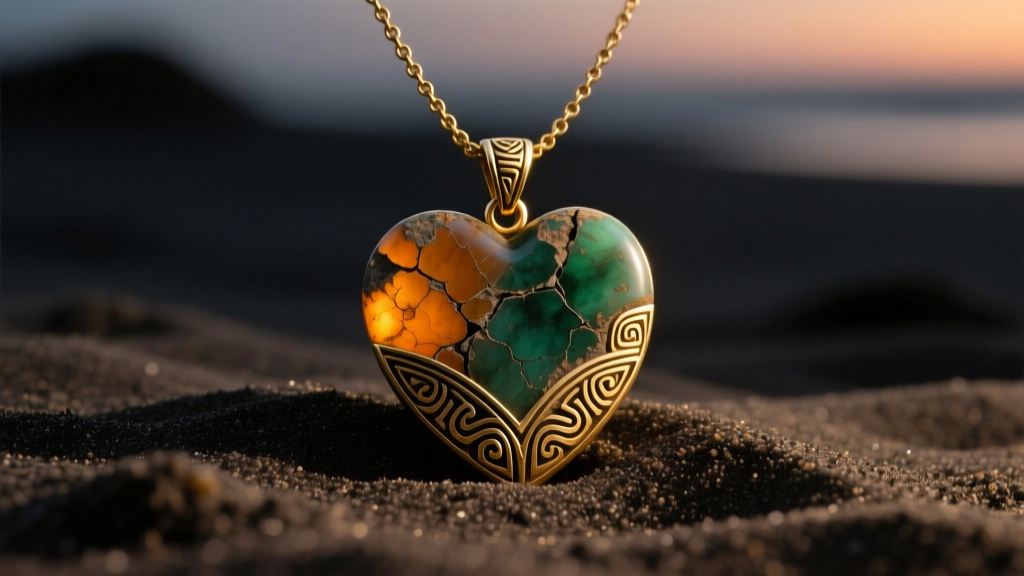 A weathered Heart of Te Fiti necklace Moana pendant resting on dark sand, illuminated by soft moody directional studio lighting.