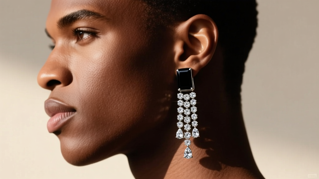 Side profile of a man wearing large diamond earrings with black rhodium settings, showing the earring drop against the earlobe