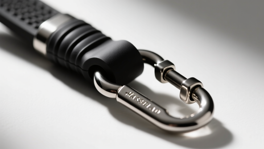 Close-up of a heavy-duty matte black silicone phone tether attached to a polished stainless steel lobster clasp, macro detail shot