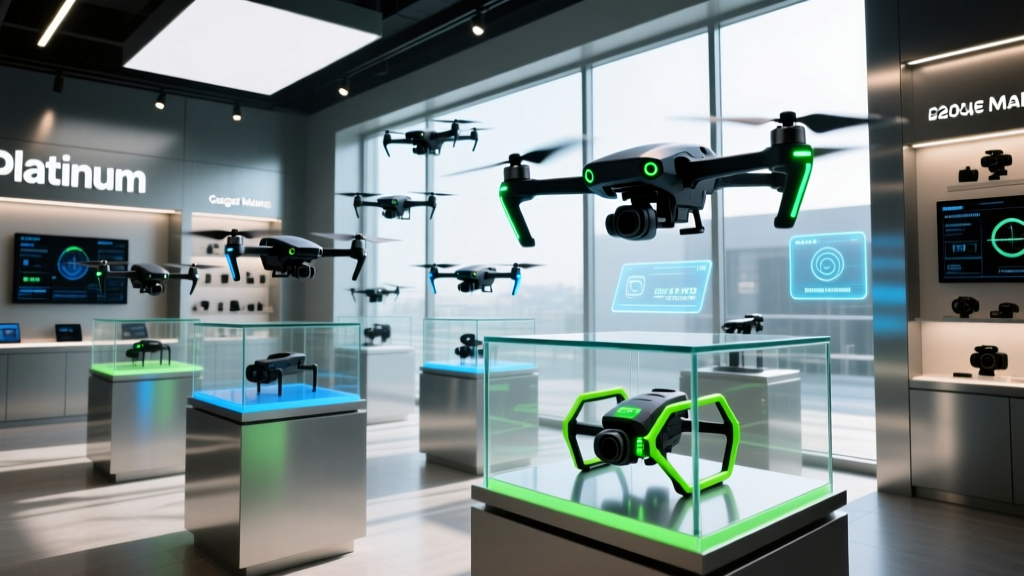 A bustling tech retail display at Platinum Gadget Malang featuring the latest 2026 FPV racing drones and cinematic camera drone accessories.