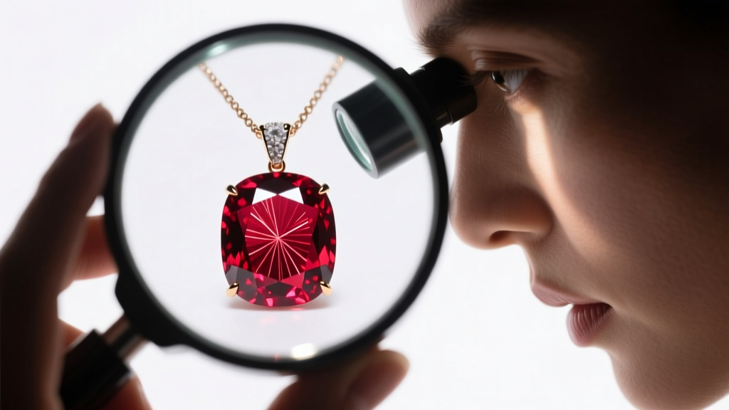 Jeweler examining a red garnet pendant under a loupe, revealing tiny rutile inclusions against a bright LED background light.