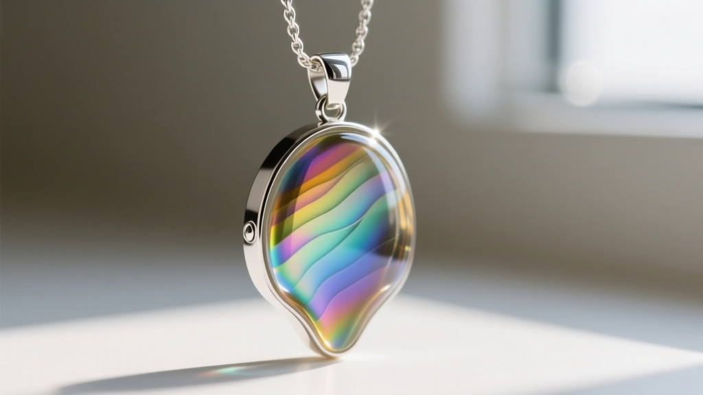 Sterling silver glue-on bail attached to the back of a finished dichroic fused glass pendant using two-part epoxy resin.