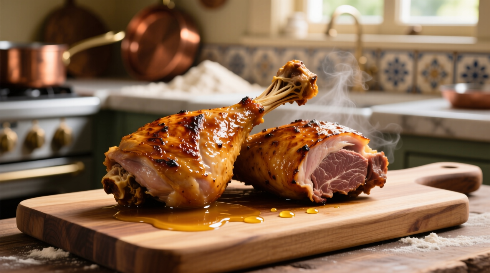 Golden brown turkey legs resting on cutting board