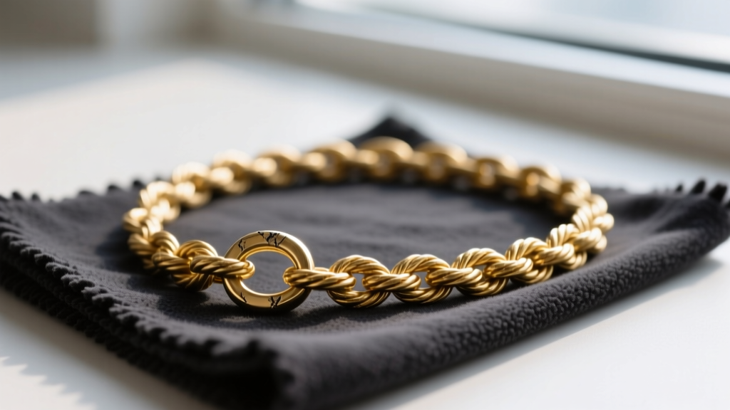Macro shot of a 24-inch gold rope chain showing wear on the pendant bail loop, resting on a dark microfiber polishing cloth.