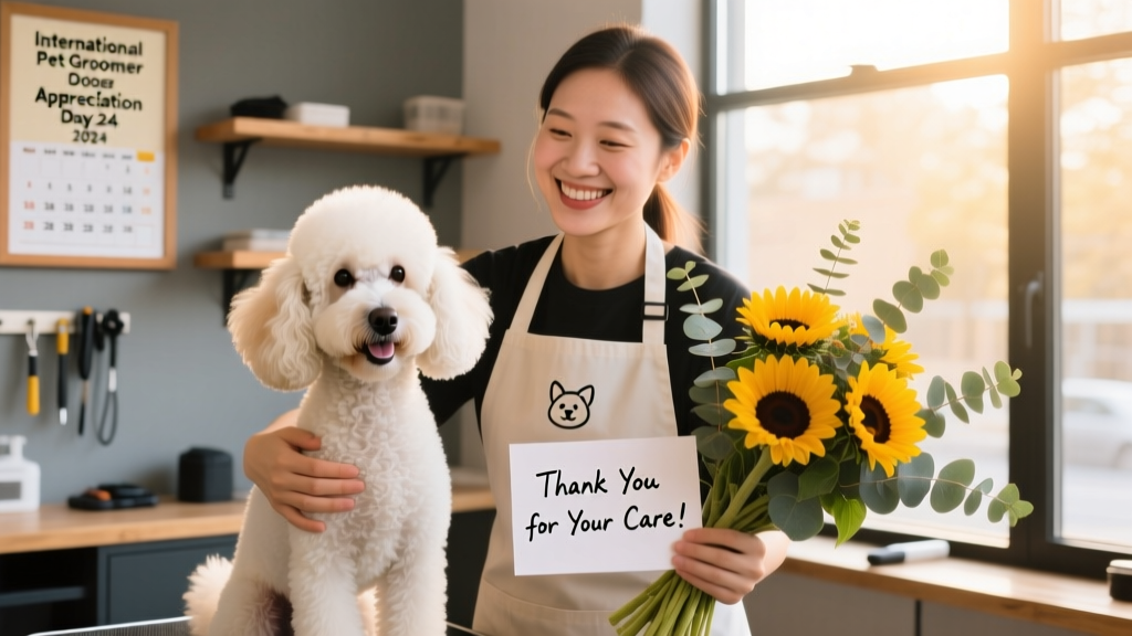 A smiling pet owner presenting a handwritten thank-you card and a bouquet of flowers to a groomer holding a freshly groomed poodle