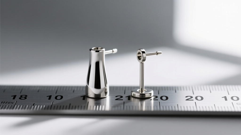 Macro photo comparing 18-gauge and 20-gauge silver earring posts next to a millimeter ruler to show thickness and scale