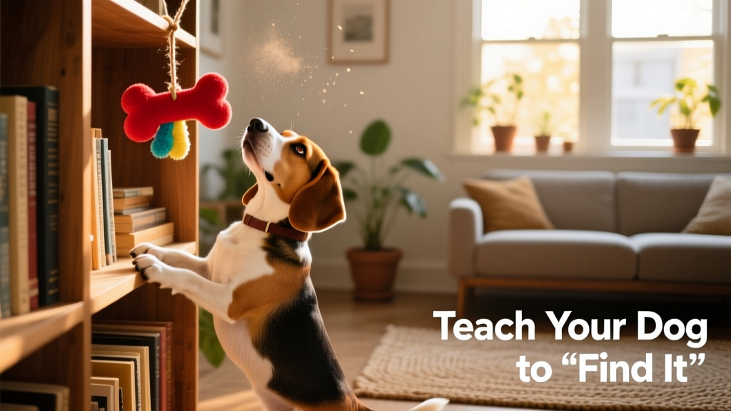 A beagle sitting proudly in front of a high shelf where a toy is placed just out of reach, looking up and waiting for praise