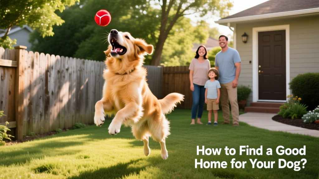 A happy dog playing fetch in a fenced backyard with a new family