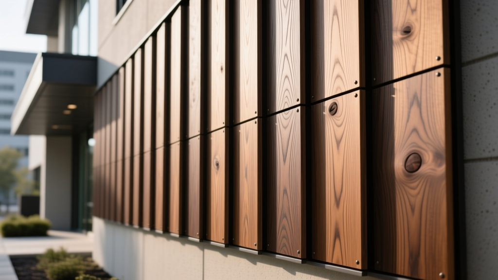 Thick Nichiha fiber cement architectural wall panels with deep wood grain textures aligned on a commercial rain screen