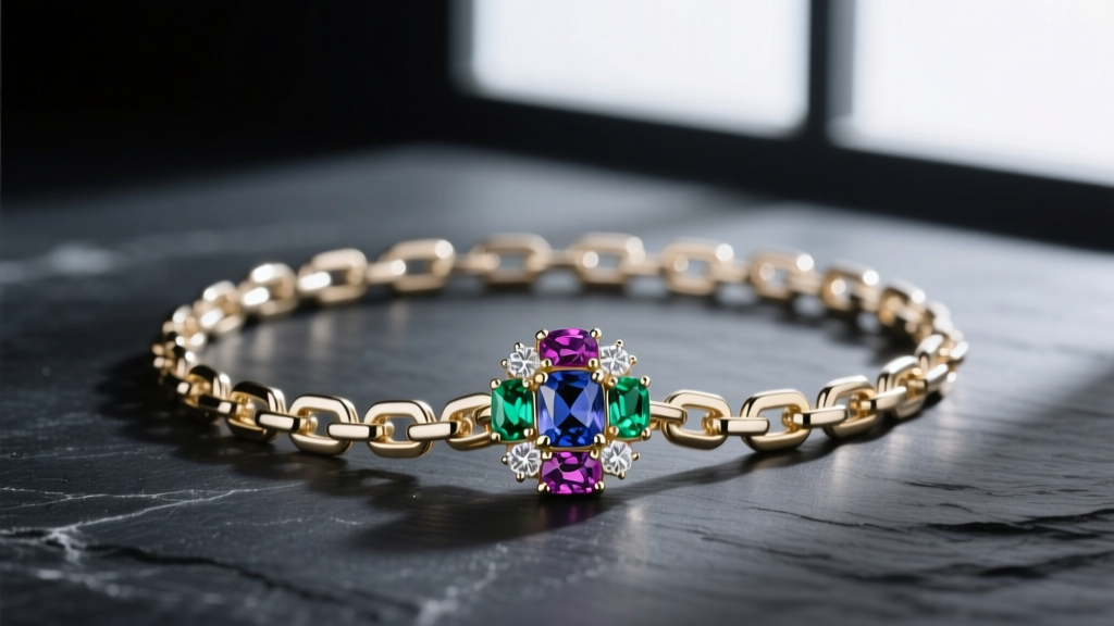 18k white gold box chain holding a multi gemstone pendant against dark slate, emphasizing 2mm links and a polished metal finish.