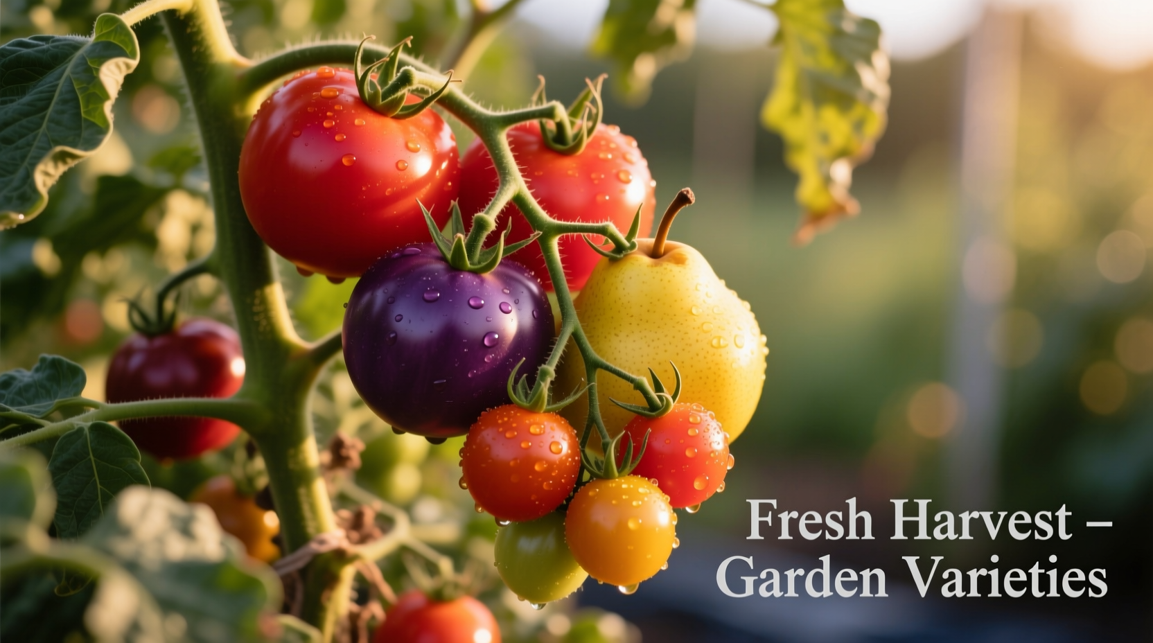 Ripe tomatoes on vine showing different varieties