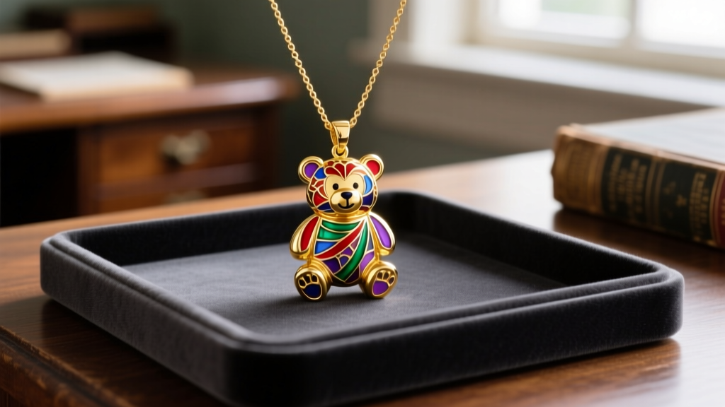 14k solid gold Care Bear necklace pendant with champlevé vitreous enamel, displayed elegantly on a dark velvet jewelry tray.