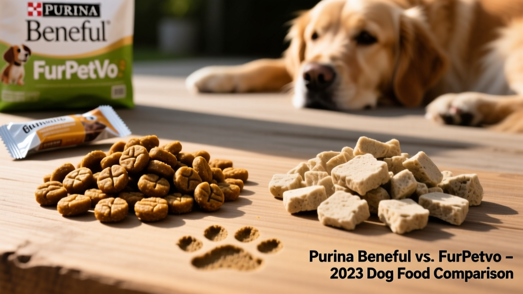 Close-up of kibble from both Purina Beneful and FurPetVo side by side, highlighting texture and color differences