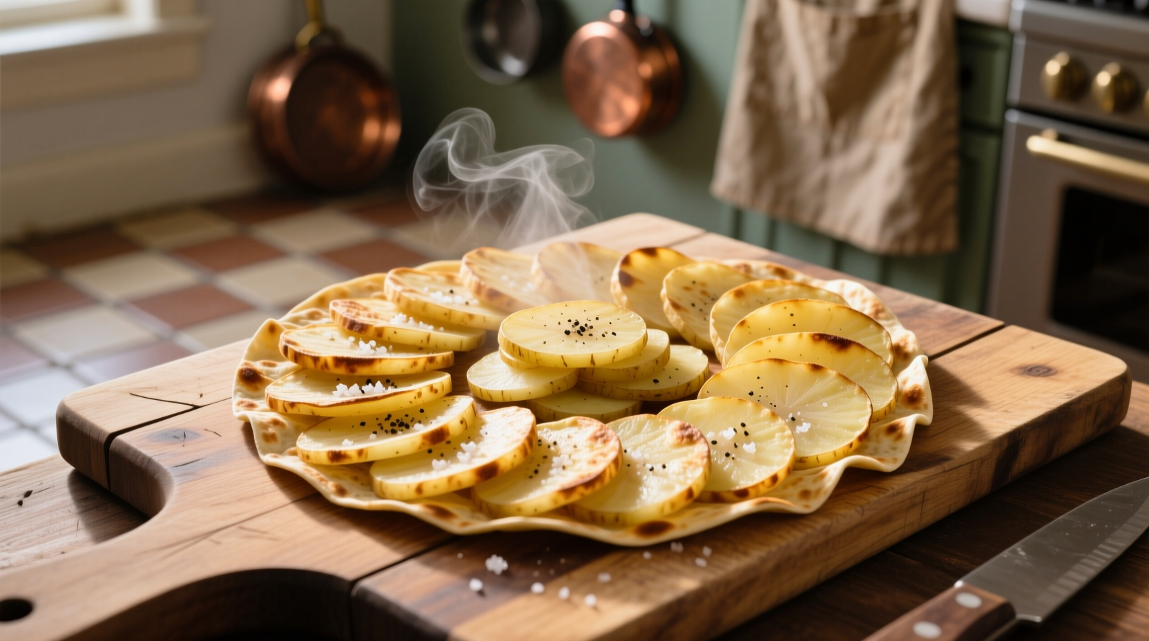 Golden potato tortilla sliced on wooden board
