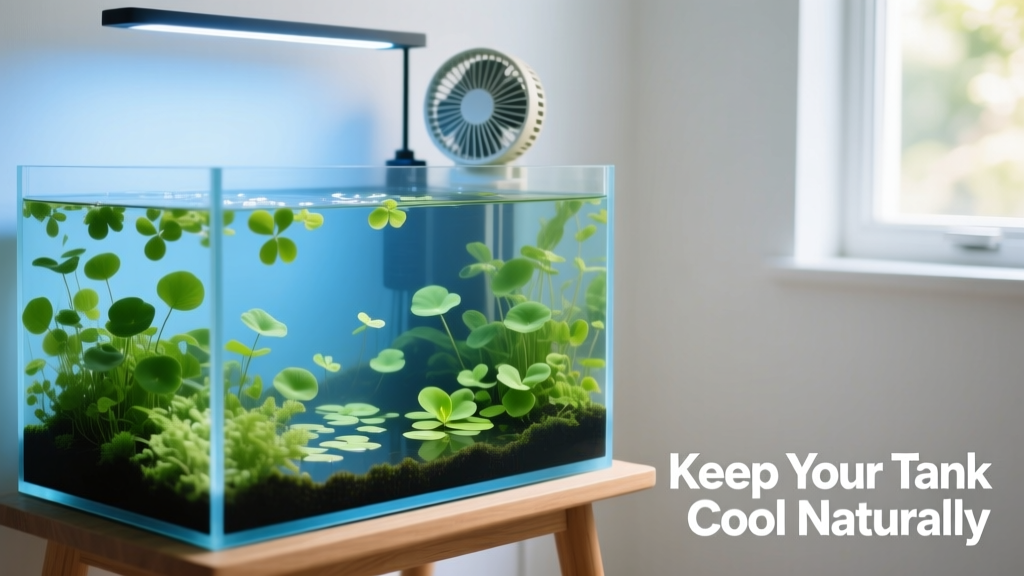 A serene, planted aquarium with floating greenery, cool blue-toned lighting, and a small fan visible in the background
