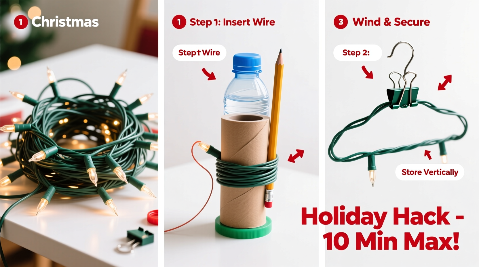 how to organize tangled christmas light strands using only household items in under 10 minutes