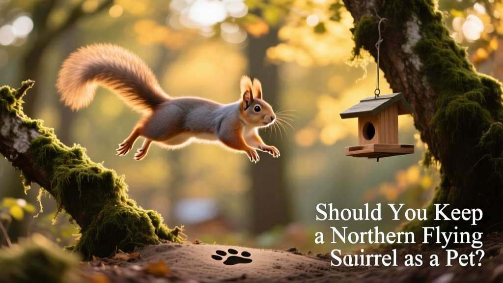 Northern flying squirrel gliding mid-air between tree branches in a forest setting