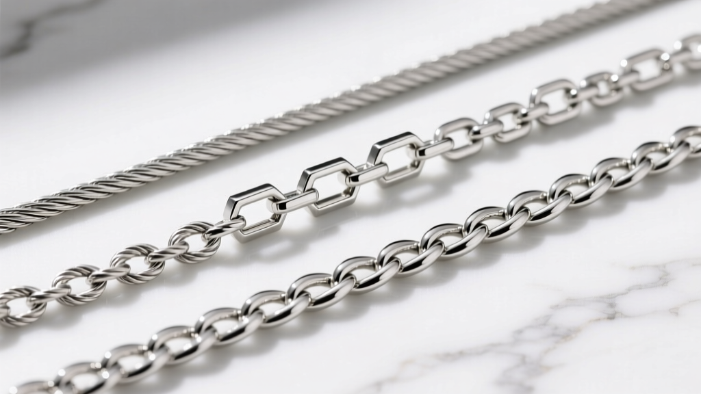 Overhead shot of three distinct sterling silver chain link styles, cable, box, and rolo, laid out on a white marble surface