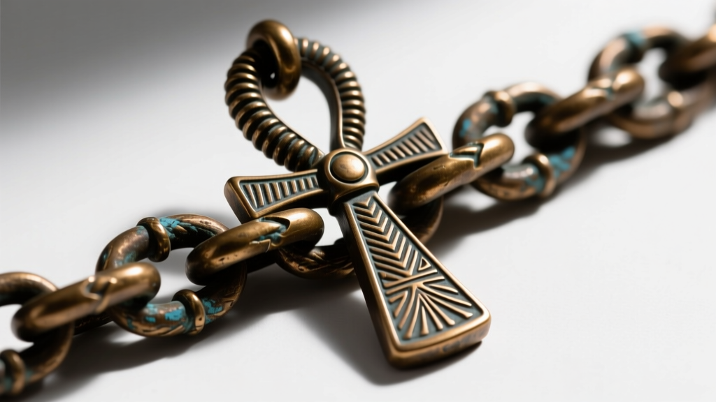 Extreme close-up of a thick rope chain threading through a large, heavy-duty ribbed bail of a cast bronze Egyptian ankh pendant.