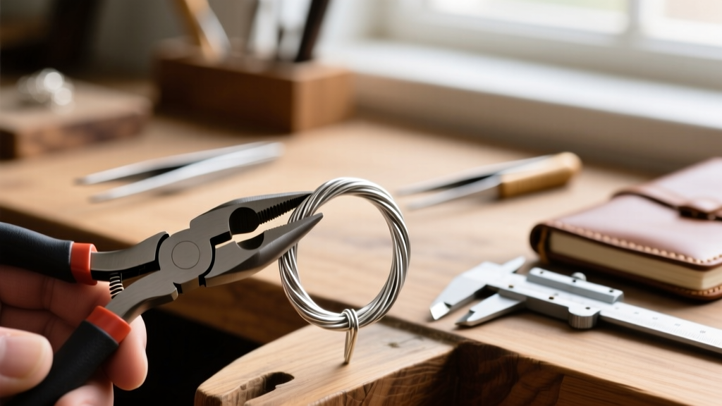 Close-up of round-nose pliers bending 20-gauge argentium silver wire into a loop on a softly blurred wooden jeweler workbench