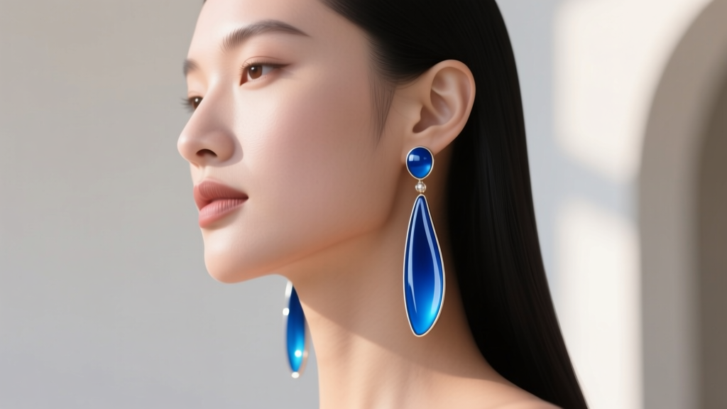 Side profile of woman with square jawline wearing long curved blue enamel and resin tassel earrings that soften her facial angles