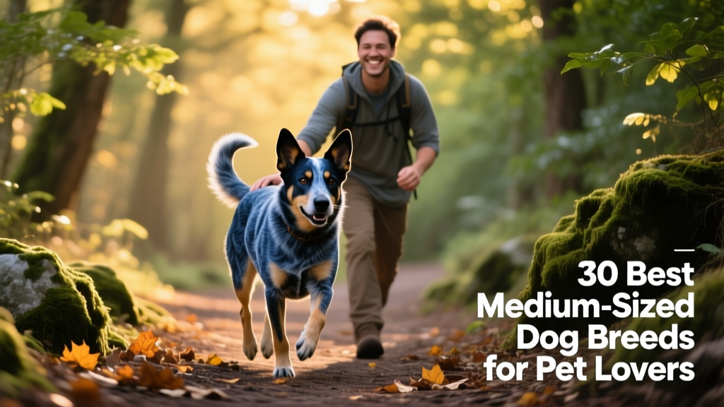 An Australian Cattle Dog trotting confidently beside its owner on a forest trail