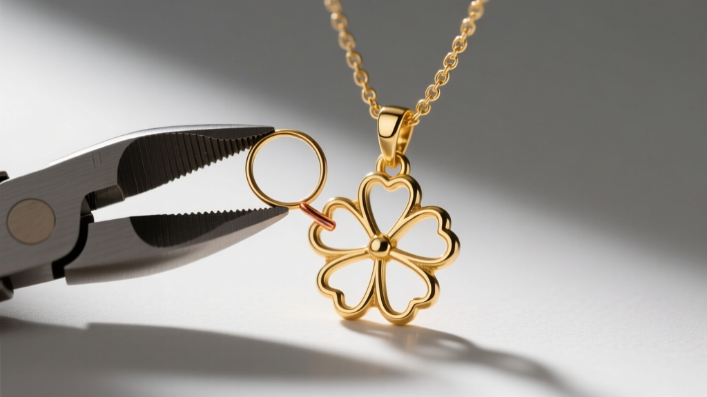 Close-up of pliers replacing a thin 24-gauge jump ring with a 20-gauge soldered gold ring on a preserved clover necklace bail.