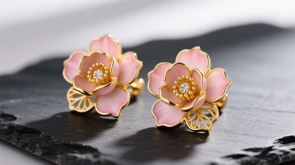 Close-up of intricate 18k gold vermeil peony earrings with cold enamel petals in soft blush pink, resting on dark slate.