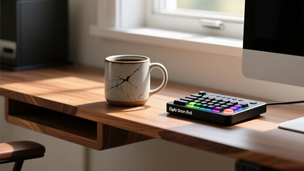 Scratched Ember Mug 2 and Elgato Stream Deck Pedal resting on a walnut Grovemade desk shelf in a sunlit home office workspace