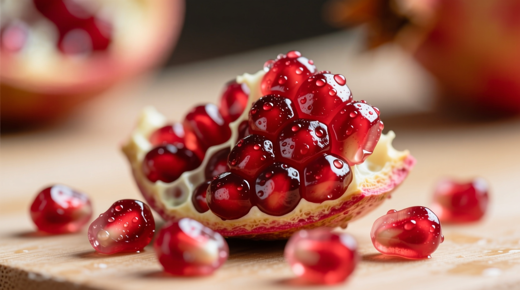 Close-up of pomegranate seeds showing edible arils