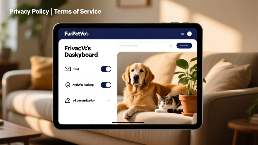 Screenshot-style graphic of FurPetVo's privacy dashboard with toggle options for email, analytics, and ad personalization