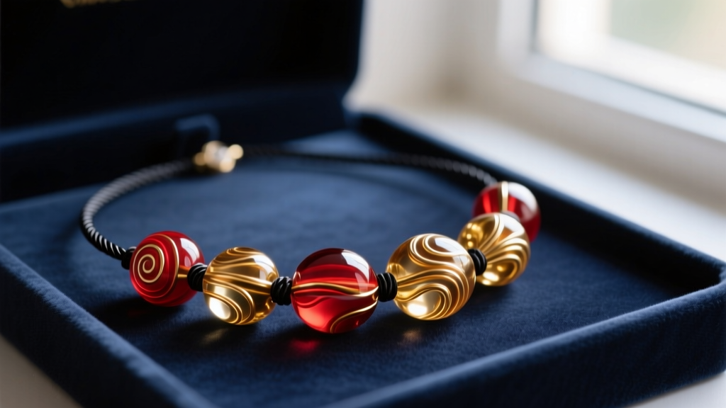 Macro photo of an authentic Antica Murrina necklace featuring vibrant red and gold Murano glass beads on dark velvet display.