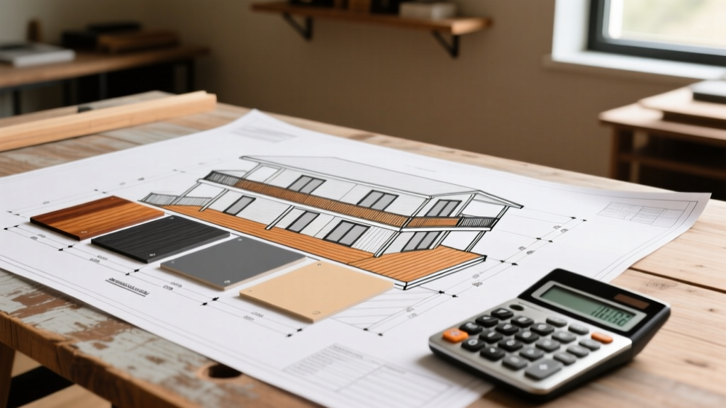 Architectural blueprint of a multi-level composite deck overlaid with material swatches and a calculator on a wooden drafting table