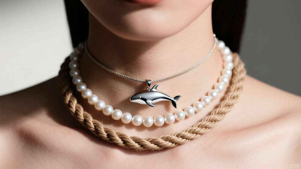 A layered necklace stack featuring a small silver orca pendant, a freshwater pearl strand, and a woven hemp cord on a model neck