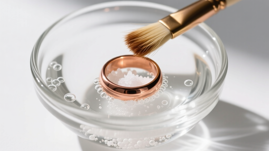Top-down view of a copper ring submerged in white vinegar and salt in a glass bowl, with a soft brush resting on the side.