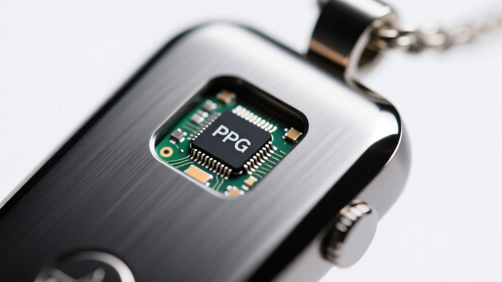 Macro shot of a titanium smart pendant casing showing a PPG optical heart rate sensor integrated on the dark metallic backplate.