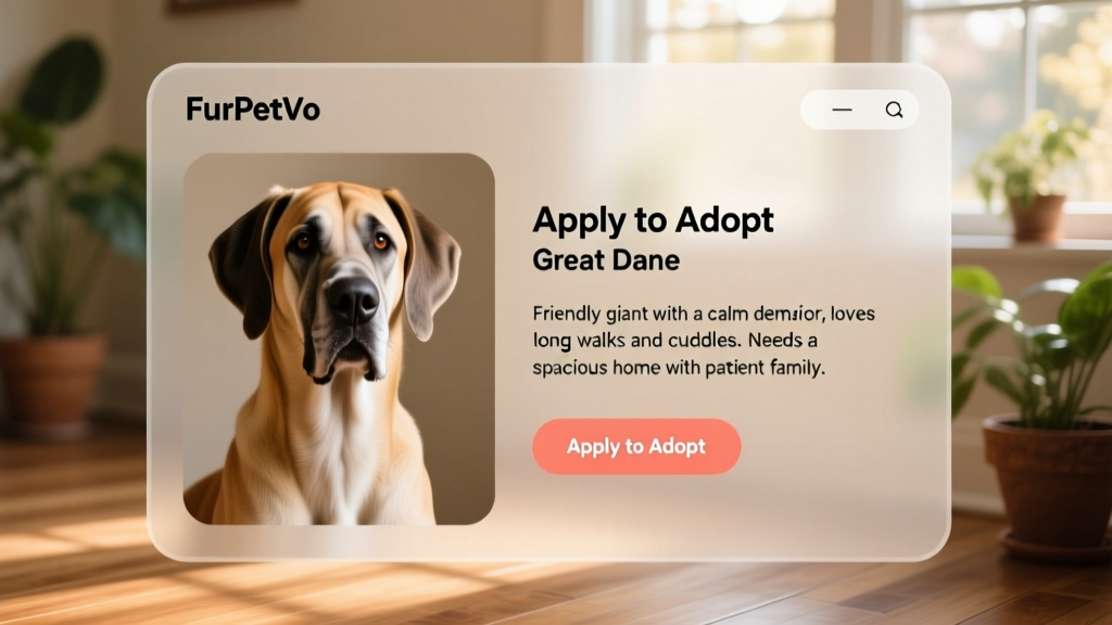 Screenshot-style image showing a clean, friendly FurPetVo profile page for a Great Dane, with photo, bio summary, and 'Apply to Adopt' button