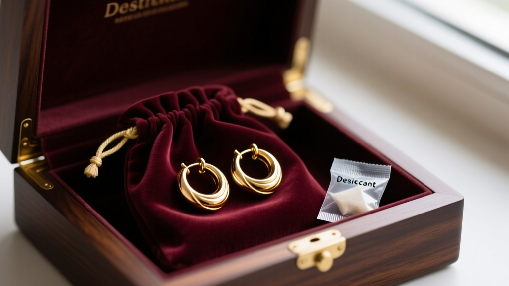 Gold hoop earrings stored in a velvet anti-tarnish pouch with a silica packet, inside a dark wood jewelry box.