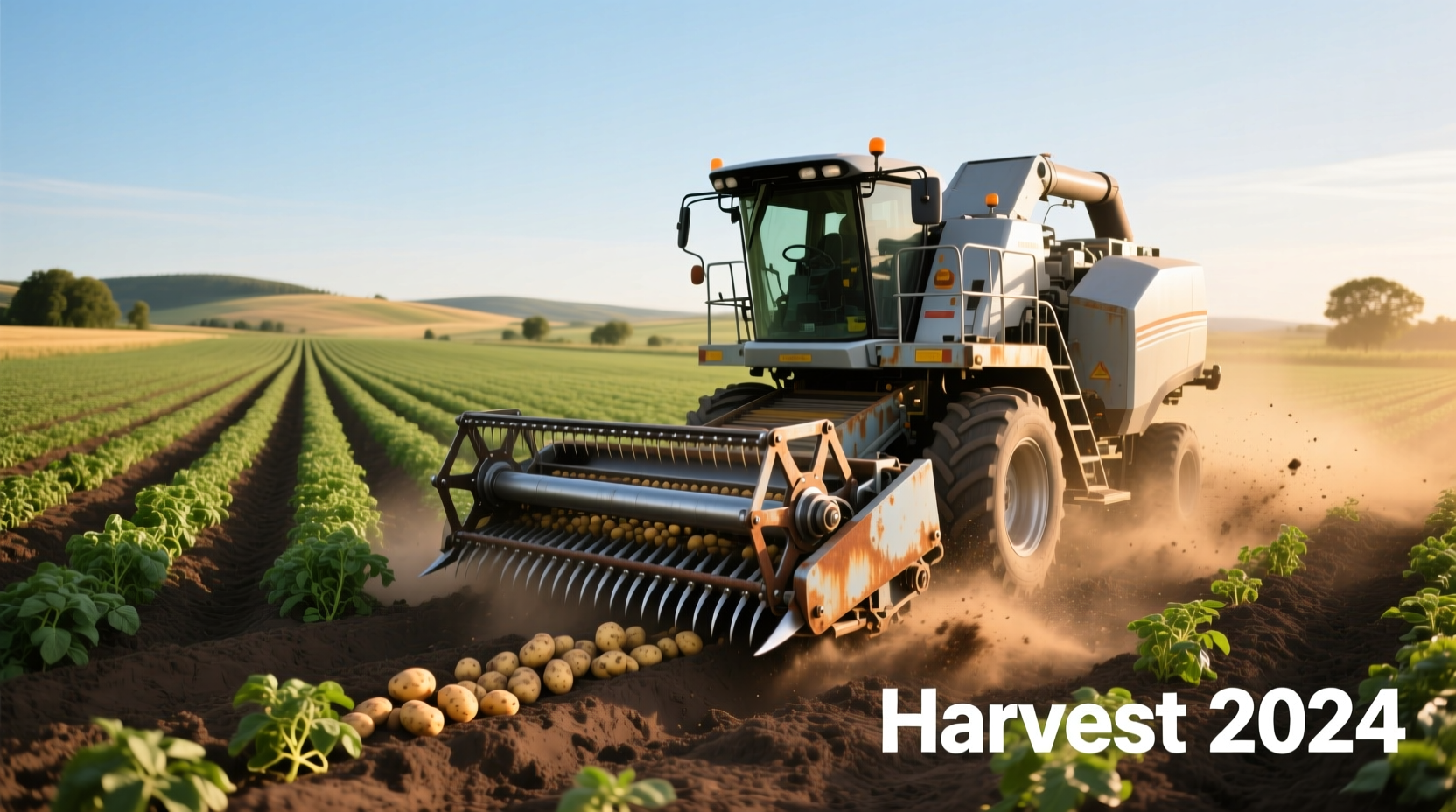 Potato farm field with harvesting equipment at work