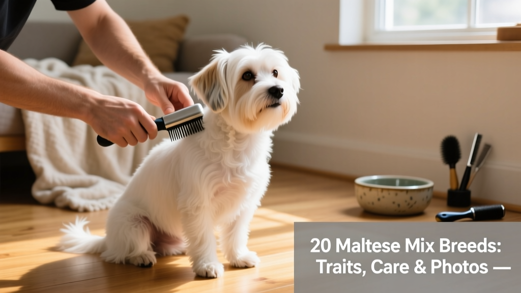 A groomer gently brushing a Maltese mix’s coat while the dog looks relaxed and content