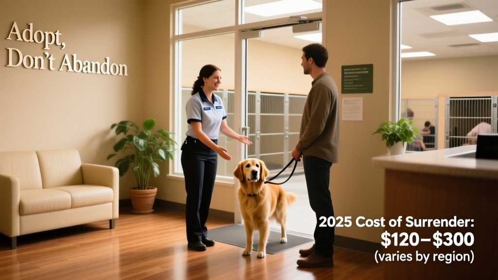 A calm, well-lit shelter lobby with staff greeting a visitor holding a dog on a leash