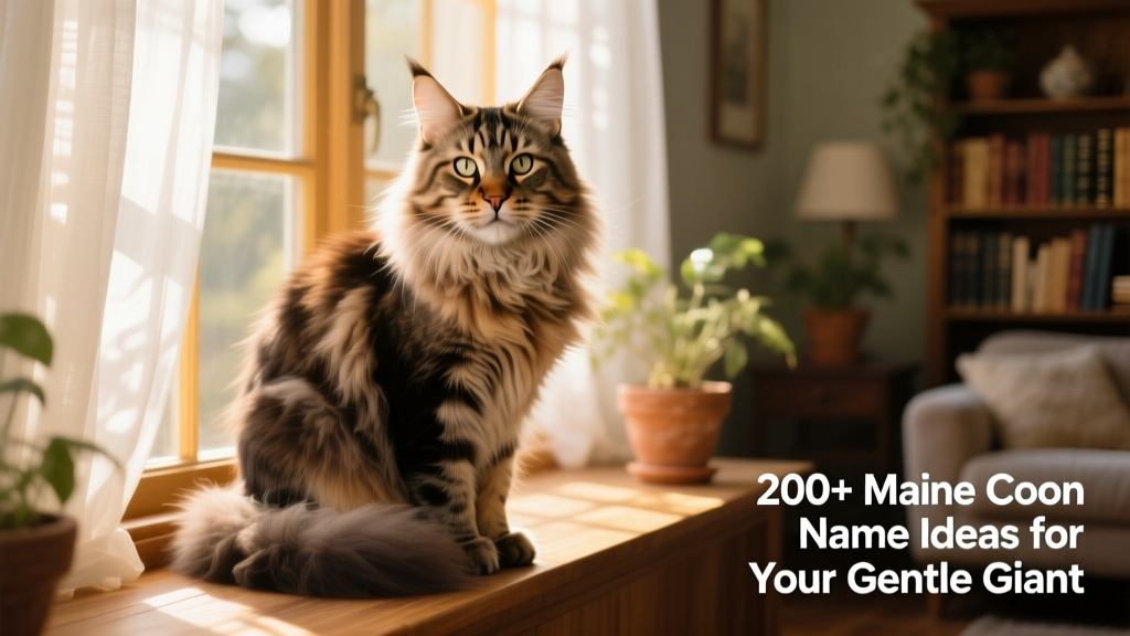 A majestic Maine Coon sitting calmly on a sunlit windowsill, showcasing its large frame and expressive eyes