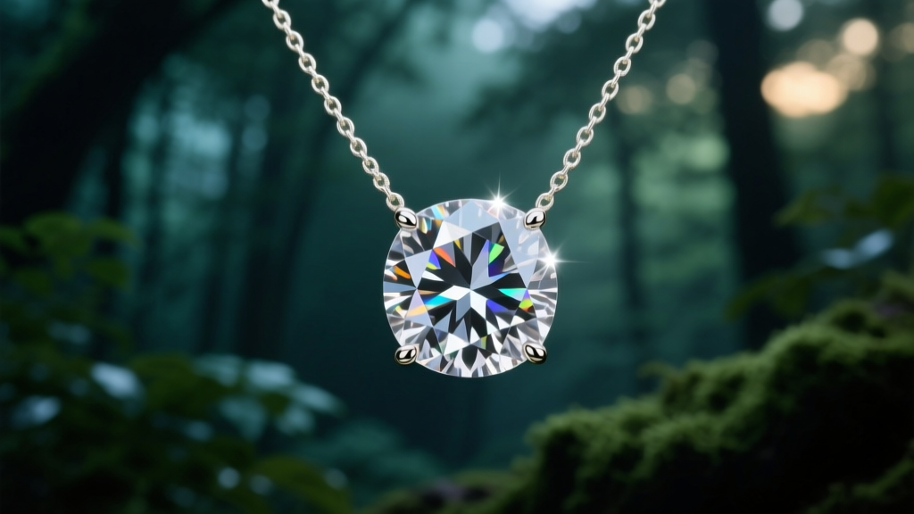 Salt-and-pepper diamond rose-cut pendant on a 1.2mm white gold chain against a softly blurred, moody green forest background.